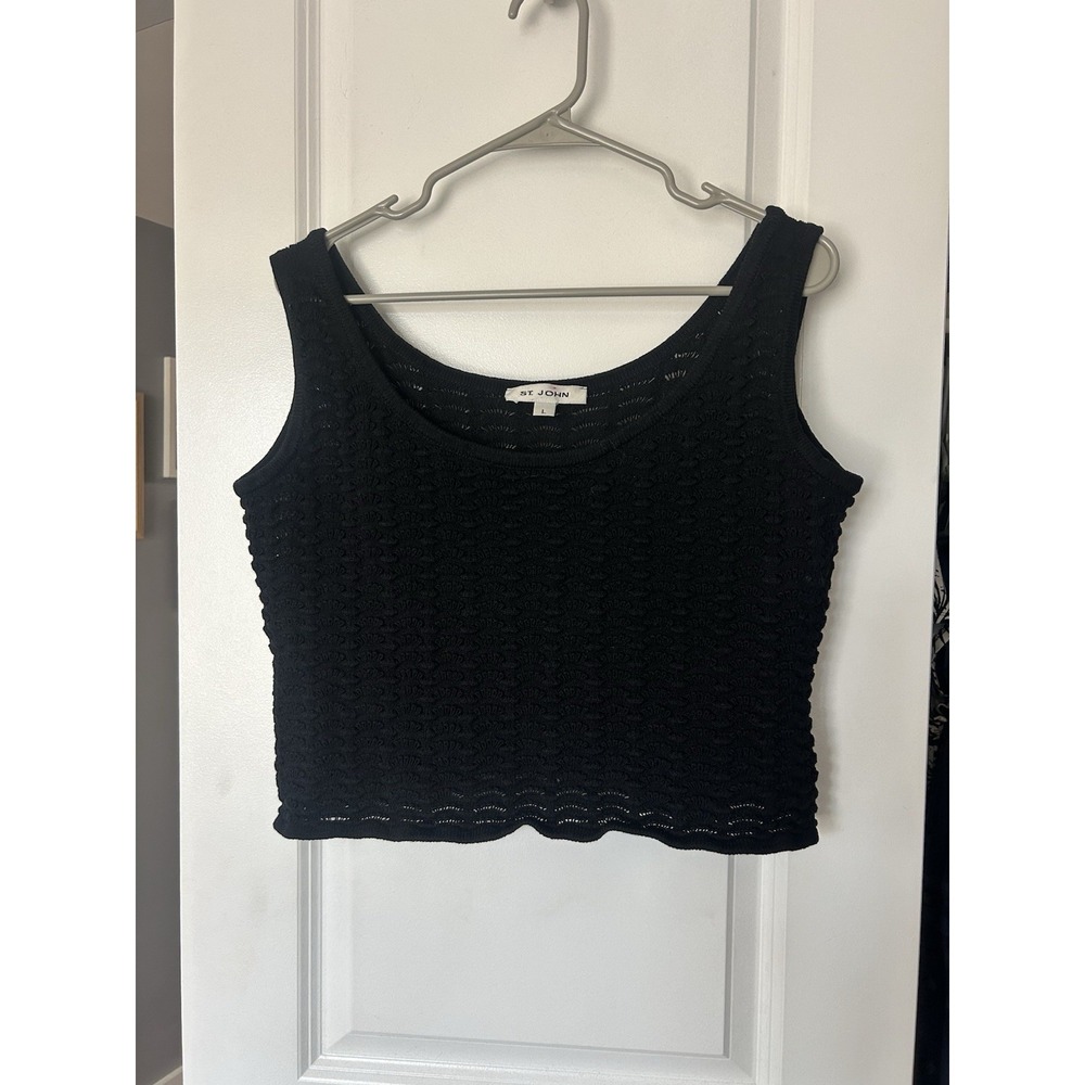 St. John Black Knit Crochet Crop Tank Top Sleeveless Scoop Neck Size Large